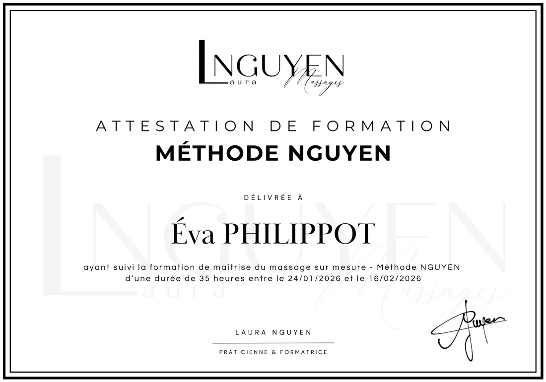 Attestation de formation méthode Nguyen, massage sur mesure, 35 heures, février 2026